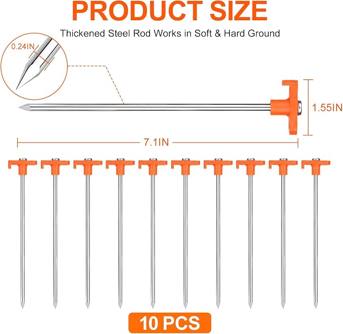 7-Inch Galvanized Steel Tent Stakes, 10-Pack Ground Pegs with High-Visibility Orange Heads